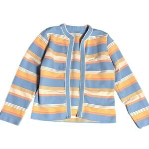 70s polyester blue and sherbetcolor striped cardigan
